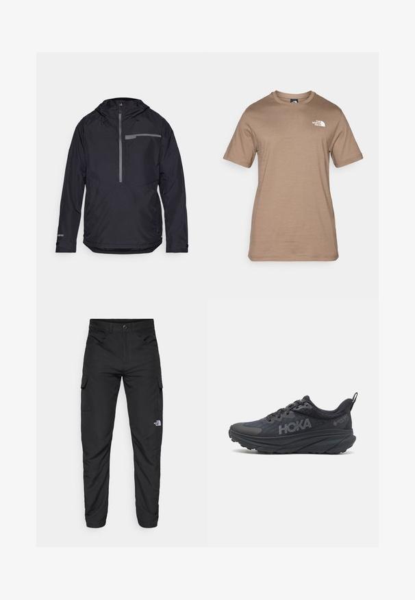 Black waterproof jacket with a hood, zippered front, and elastic cuffs. Features a gray reflective strip and a chest pocket. Lightweight design.; Short-sleeve, light brown cotton t-shirt featuring a small white logo on the chest. Classic crew neck, smooth texture, and standard fit.; The North Face HORIZON PANT - Outdoor trousers - black; Black Hoka running shoe featuring a mesh upper, textured details, and a thick, cushioned sole with tapered edges for enhanced support.
