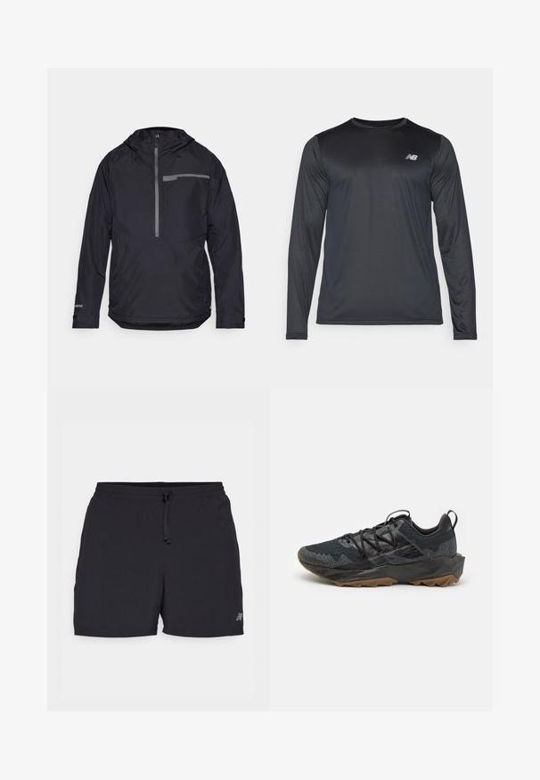 Black waterproof jacket with a hood, zippered front, and elastic cuffs. Features a gray reflective strip and a chest pocket. Lightweight design.; Long-sleeve athletic shirt in black, made of smooth, lightweight fabric with a subtle texture. Features small logo on the upper left chest.; Black athletic shorts made of lightweight fabric. Features an elastic waistband with drawstring, side pockets, and a small logo accent.; New Balance TEKTREL - Trail running shoes - black