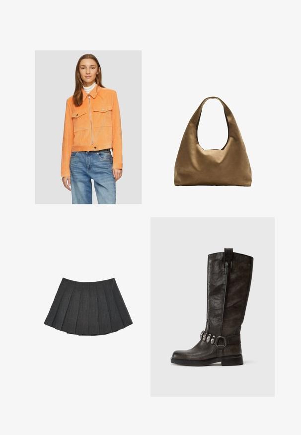 Przycięta pomarańczowa kurtka z kordurowej tkaniny z dwiema kieszeniami na piersi, metalowym zamkiem błyskawicznym oraz spiczastym kołnierzykiem, połączona z niebieskimi dżinsami.; Oliwkowy sweter w serek, dzianinowy, z długimi rękawami oraz ściągaczami przy mankietach i dole, lekko skrócony krój.; Plisowana spódnica w ciemnoszarym kolorze, wykonana z teksturowanej tkaniny. Charakteryzuje się rozkloszowanym krojem z równomiernie rozmieszczonymi plisami i płaskim paskiem w talii.; Tamaris - Kowbojki i obuwie motocyklowe; Brązowa torba na ramię z szerokim, zaokrąglonym kształtem i dużym wyciętym uchwytem. Miękka tekstura, minimalistyczny design i brak widocznych elementów metalowych.
