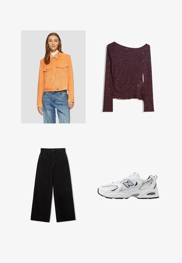 Afgekorte oranje corduroy jas met twee borstzakken, een metalen rits en een puntige kraag, gecombineerd met blauwe denim spijkerbroek.; Kanten langemouwen top in diep burgundy, met een off-shoulder ontwerp, bloemmotieven en een licht transparante textuur met een rechte zoom.; Zwarte, wijde spijkerbroek van denim met een hoge taille, voorzien van een vijf-pocket ontwerp en een enkele knoopsluiting aan de voorkant.; Witte sport schoen met mesh bovenkant, marineblauwe accenten en een gehoorzaamde zool. Bevat het "N" logo, veters en een gestructureerde detail aan de zijkant.