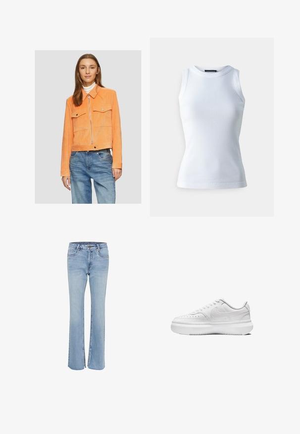 Przycięta pomarańczowa kurtka z kordurowej tkaniny z dwiema kieszeniami na piersi, metalowym zamkiem błyskawicznym oraz spiczastym kołnierzykiem, połączona z niebieskimi dżinsami.; Biała bezrękawnikowa bluzka z prążkowanej tkaniny, z okrągłym dekoltem i dopasowanym krojem. Gładka tekstura, bez widocznych wzorów czy akcentów.; Jasnoniebieskie dżinsy z rozkloszowanymi nogawkami i rozcięciami na końcach. Zawierają standardowe kieszenie i zapięcie na guzik w talii.; Białe sneakersy z gładką skórzaną cholewką, okrągłym noskiem, perforowanymi detalami i grubą, białą gumową podeszwą. Posiadają logo na boku oraz płaskie sznurówki.