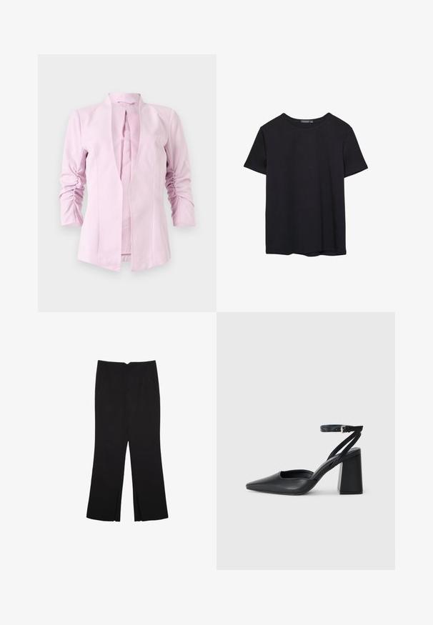 Svetlo roza blazer z dolgimi rokavi, brez ovratnika in z nagubanimi detajli na rokavih. Gladek material z oprijetim silhueto.; Enostavna črna bombažna majica s kratkimi rokavi in okroglim izrezom, prikazana na belem ozadju.; Črne hlače ravnega kroja z naglavnimi žepi in stranskimi razporki na robu. Narejene iz mehke, gladke tkanine. Primerne za različne priložnosti.; Črne usnjene klasične čevlje z ostrim nosom, z zaponko za gleženj in debelim peto. Ravna tekstura, eleganten dizajn in minimalistična estetika.