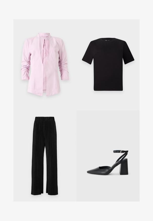 Jasnoróżowy żakiet z długim rękawem, bez kołnierzyka, z marszczeniami na rękawach. Gładki materiał o dopasowanym kroju.; Czarna koszulka z krótkim rękawem o okrągłym dekolcie, wykonana z miękkiej bawełny. Prosty design, bez widocznych logo ani wzorów.; Czarne spodnie plisowane z elastycznym paskiem w talii. Posiadają szerokie nogawki oraz gładki, teksturowany materiał z pionowymi paskami.; Czarne skórzane czółenka z ostrym noskiem, z paskiem na kostce i grubym obcasem. Gładka faktura, elegancki design i minimalistyczna estetyka.