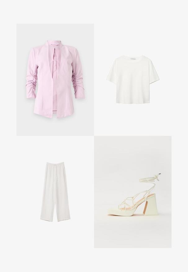 Jasnoróżowy żakiet z długim rękawem, bez kołnierzyka, z marszczeniami na rękawach. Gładki materiał o dopasowanym kroju.; Biała koszulka z krótkim rękawem, wykonana z bawełny. Posiada okrągły dekolt i luźny krój. Gładka faktura bez widocznych wzorów czy akcentów.; Białe spodnie o szerokich nogawkach wykonane z lekkiego materiału. Posiadają elastyczny pas z sznurkiem i boczne kieszenie. Gładka tekstura.; Biała sandał na wysokim obcasie z masywnym słupkiem, z paskowym wzorem i wiązaniem przy kostce. Gładka faktura z platformą z przodu dla dodatkowej wysokości.