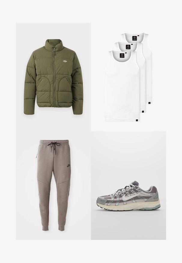 Olive zaļš pūkains mētelis ar augstu apkakli, pilnu rāvējslēdzēju, horizontālu šuvumu un divām sānu kabatām. Iespējo nelielu logo uz krūtīm.; Trīs baltas ribotas krūšturi, kas izgatavoti no kokvilnas. Iezīmēti ar apaļu kakla izgriezumu un maziem melniem etiķetēm tuvu apakšmalai. Pieejami vairākos izmēros.; Pelēki Nike sporta bikses ar aukliņu viduklī, sašaurinātiem galiem, sānu kabatām un izteiktām šuvēm. Mīksta, teksturēta auduma.; Pelēkie sporta apavi ar tīkla un zamša augšdaļu, baltiem akcentiem, mīkstinātu zoli un izcilu dizainu ar atstarotājiem.