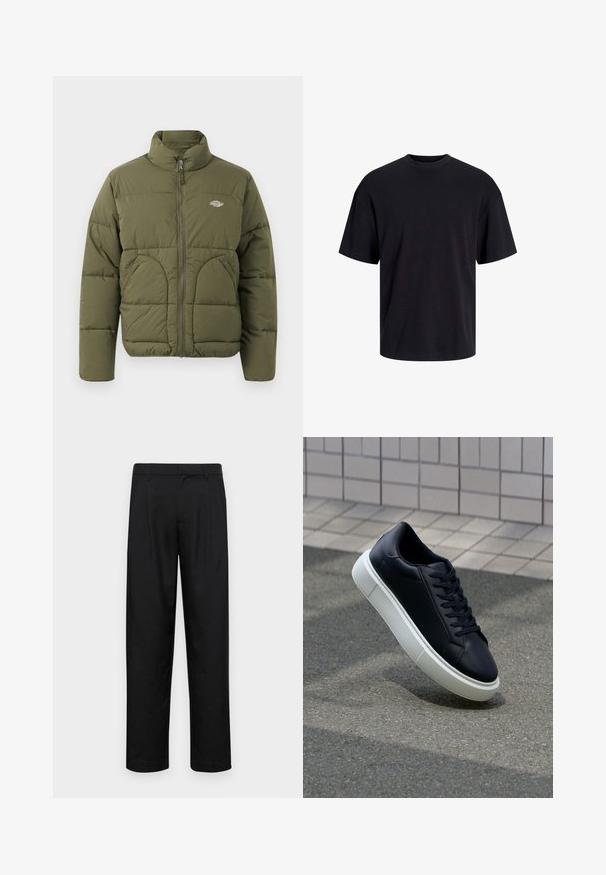 Olive zaļš pūkains mētelis ar augstu apkakli, pilnu rāvējslēdzēju, horizontālu šuvumu un divām sānu kabatām. Iespējo nelielu logo uz krūtīm.; Melns kokvilnas T-krekls ar apaļu kakla izgriezumu, īsām piedurknēm un brīvu piegriezumu. Gluda tekstūra un nav redzamu rakstu vai akcentu.; Melnas bikses, izgatavotas no gludas auduma, ar taisnu kāju dizainu, divām priekšējām krokām un standarta jostu, kurai ir āķi.; Melnas ādas kedas ar noapaļotu pirkstu un baltu gumijas zoli. Iespējas - plakanas šņorītes un minimāla apdare augšdaļā. Struktūrēta zole, lai nodrošinātu saķeri.