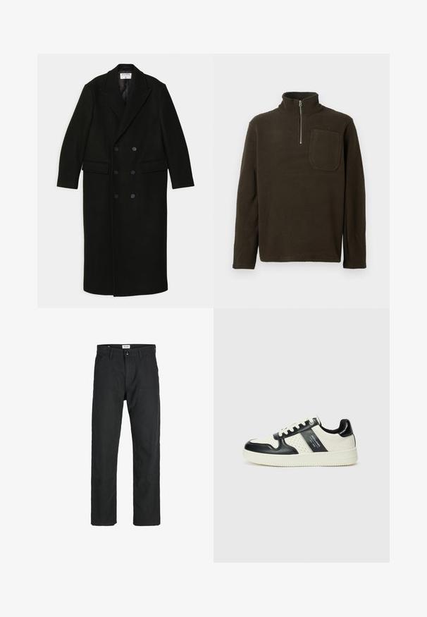 Filippa K DOUBLE BREASTED - Klasični plašč - black; Rjava flis pulover s visokim ovratnikom, polovičnim zadrgo in žepom na prsih. Mehka tekstura in sproščen kroj, z dolgimi rokavi.; Črne hlače iz trpežnega materiala, s krojem naravnih nog, našitki ter dvema sprednjima žepoma za funkcionalnost.; Usnjeni športni čevlji z črno in krem barvno shemo, ki vključujejo perforirane dodatke, podložen ovratnik in strukturirano podplat.