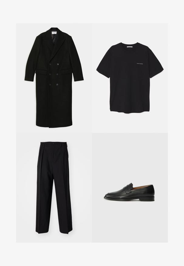 Filippa K DOUBLE BREASTED - Palton clasic - black; Tricou din bumbac negru, cu guler rotund, mâneci scurte și un imprimeu alb cu logo pe partea stângă a pieptului. Design simplu, de culoare uniformă.; Pantaloni negri plisat cu un design drept și pantaloni largi. Construiți dintr-un material neted, prevăzuți cu închidere cu nasture și bucle pentru curea.; Lofer din piele neagră, cu vârf rotund, detalii cusute subtile și toc jos, având o textură netedă și un design minimalist.