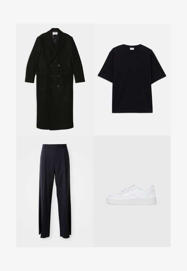 Filippa K DOUBLE BREASTED - Casaco clássico - black; T-shirt oversized de manga curta preta com decote redondo e etiqueta da marca Filippa K visível no interior da gola.; Calças pretas de cintura alta, com corte amplo, feitas de um tecido suave. Apresentam pregas frontais e passadores para cinto. Design minimalista, sem hardware visível.; Sapatilha baixa branca com atacadores, parte superior lisa e sola de borracha sobre um fundo claro e simples.