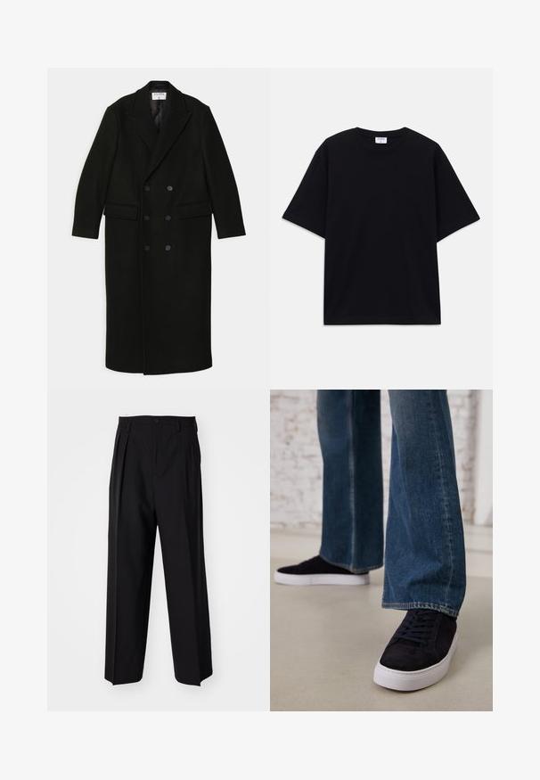 Filippa K DOUBLE BREASTED - Klasisks mētelis - black; Melns īsām piedurknēm oversize T-krekls ar apaļu kakla izgriezumu un redzamu Filippa K zīmola birku iekškaklā.; Melnas plisētās bikses ar taisnu, plata kāja dizainu. Izgatavotas no gludas auduma, ar pogu aizdari un jostas cilpiņām.; Tumši zilas zamšādas sporta kurpes ar baltu gumijas zoli un šņorēm, apvienotas ar platām kājām džinsu biksēm vidēji zila nomazgātā tonī.