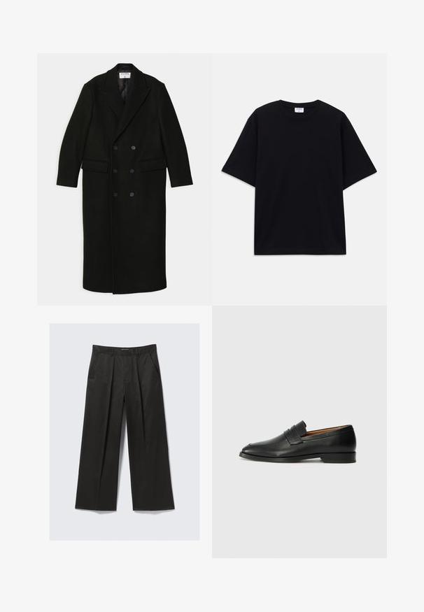Filippa K DOUBLE BREASTED - Cappotto classico - black; T-shirt oversize nera a maniche corte con scollatura rotonda e etichetta del marchio Filippa K visibile all'interno del colletto.; Pantaloni a gamba larga neri con una texture liscia, dotati di due tasche frontali e una vita leggermente rialzata.; Mocassino in pelle nera con punta arrotondata, dettagli cuciti sottili e tacco basso, caratterizzato da una texture liscia e un design minimalista.