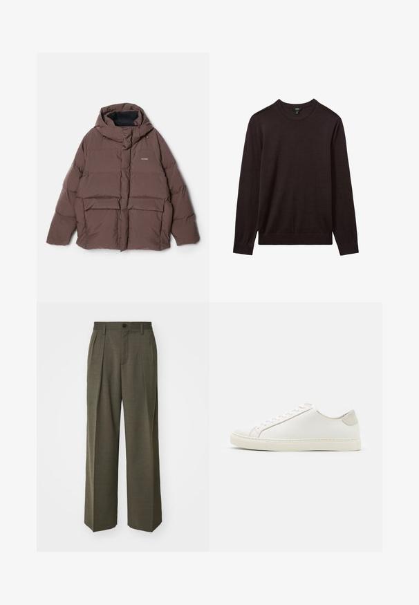 Holzweiler DOVRE JACKET - Dunjacka - dark brown; Reiss Stickad tröja - dark bordeaux; Filippa K WIDE TROUSERS - Tygbyxor - driftwood; Vita lädersneakers med en slät yta, rund tå och minimalistisk design. Har beige detaljer vid hälen och en gummisula.