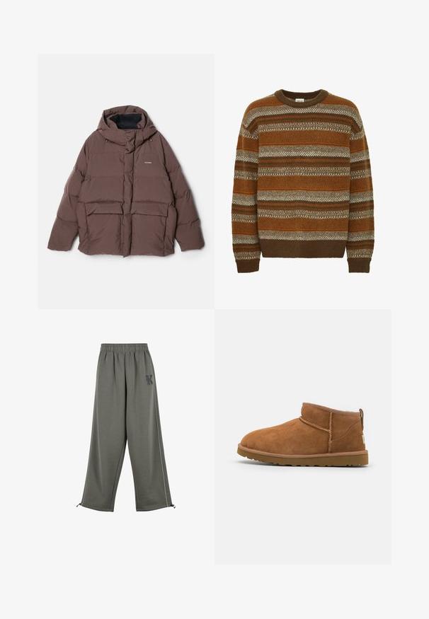 Holzweiler DOVRE JACKET - Down jacket - dark brown; Solid SDMAXWELL - Jumper - slate black; Karl Kani KK OS SIDESTRIPE - Trousers - grey; Tan suede ankle boot with a rounded toe, subtle stitching details, and a textured rubber sole. Short height without laces.