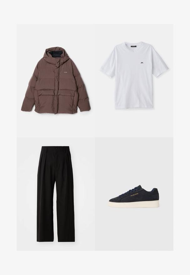 Holzweiler DOVRE JACKET - Casaco de penas - dark brown; T-shirt de algodão branca com decote redondo e mangas curtas, apresentando um pequeno logotipo preto no peito. Textura suave e corte descontraído.; Calças largas pretas com uma textura suave, apresentando duas pregas frontais, fecho com botão e bolsos laterais. Tecido durável.; Sapatilhas baixas em camurça azul-marinho com sola branca, atacadores azuis-marinho e o logótipo "Filling Pieces" em dourado na lateral.