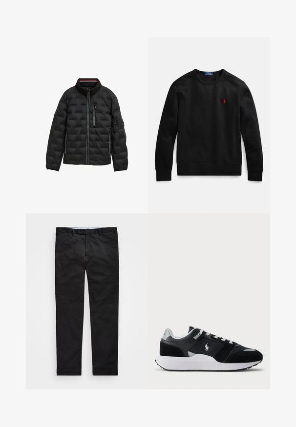 Schwarze Steppjacke mit hohem Kragen, gepolstertem Design, Reißverschluss vorne, drei Reißverschlusstaschen und elastischen Bündchen; mit subtilen gestreiften Akzenten.; Schwarzer Sweatshirt mit Rundhalsausschnitt aus Baumwollmaterial, mit kleinem roten Logo auf der linken Brust sowie gerippten Bündchen und Saum.; Schwarze Chinos mit geradem Bein, aus einem Baumwollmischgewebe, mit Reißverschluss, Gürtelschlaufen und Seitentaschen. Glatte Textur.; Schwarze und weiße Low-Top-Sneaker mit Obermaterial aus Mesh und Wildleder, weißen Schnürsenkeln, weißer Sohle und einem Polo-Spieler-Logo an der Seite.