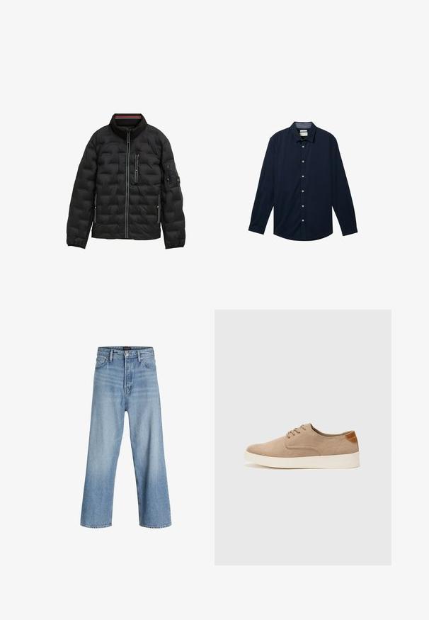 Juodas pūkinis švarkas su aukštu apykakle, su siūlėmis, užtrauktuku priekyje, trimis užtrauktukais kišenėmis ir elastingais rankogaliais; su subtiliomis juostelėmis.; Tamsiai mėlynas ilgomis rankovėmis marškinis, pagamintas iš lygaus audinio, su mygtukų užsegimu priekyje, klasikinio tipo apykakle ir baltais mygtukais.; Šviesiai mėlynos plačios džinsinės kelnės, pagamintos iš džinsinio audinio, su aukštu liemeniu, klasikiniu penkių kišenių dizainu ir mygtuko uždarymu su užtrauktuku.; Bežiniai zomšiniai sportbačiai su apvaliomis pirštų dalimis, raišteliais priekyje ir tekstūruotu užkulniu. Balta guma suteikia kontrastą. Paprastas ir modernus dizainas.