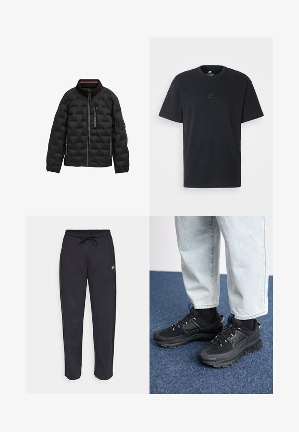 Sort puffjakke med høj krave, quiltet design, lynlåslukning fortil, tre lynlåslommer og elastiske manchetter; har subtile stribede detaljer.; Nike sort bomulds t-shirt med en klassisk rund hals, korte ærmer og et diskret, præget logo på brystet. Glat tekstur.; Sorte sweatpants lavet af blødt stof med elastisk talje, snøre og et lille Nike-logo på venstre lår.; Sorte træningssko med tekstureret stof og gummisåler, udstyret med elastiske snørebånd og en blå detalje på hælen. Bæres med lyse denimbukser.