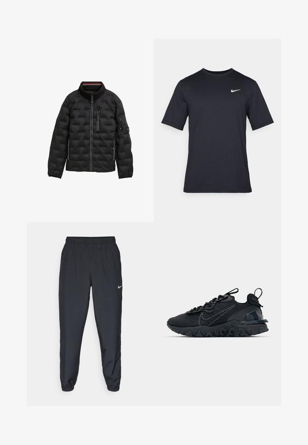 Schwarze Steppjacke mit hohem Kragen, gepolstertem Design, Reißverschluss vorne, drei Reißverschlusstaschen und elastischen Bündchen; mit subtilen gestreiften Akzenten.; Schwarzes, kurzärmliges Nike-T-Shirt aus glattem Material, mit einem weißen Swoosh-Logo auf der oberen linken Seite und Rundhalsausschnitt.; Schwarze Trainingshose aus einem leichten Stoff mit elastischem Bund, Knöchelabschlüssen und einem dezenten Nike-Logo auf der linken Seite.; Schwarzer Sportschuh mit atmungsaktivem Mesh-Obermaterial, strukturierten Akzenten und einer wellenförmigen Gummisohle. Verfügt über ein reflektierendes Logo und ein Schnürsystem.