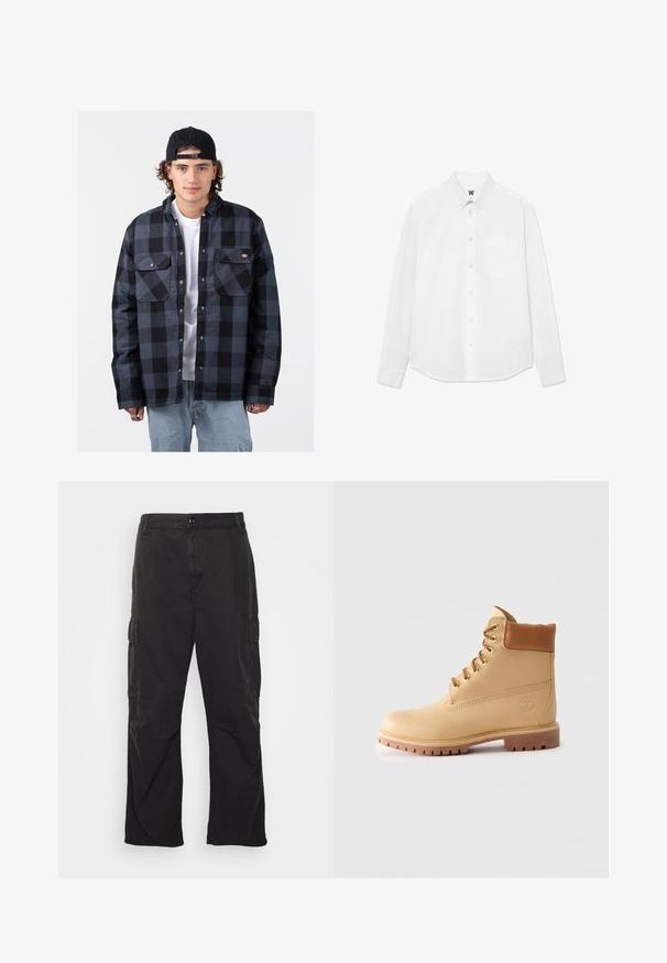 Černá a šedá kostkovaná flanelová košile s dvěma náprsními kapsami, zapínáním na patenty a volným střihem. Nositá přes bílý tričko.; Bílá košile s dlouhým rukávem a límečkem, s přední kapsou a jemnou texturou. Přední léga má knoflíky a malou logo detaily.; Černé cargo kalhoty se rovnými nohavicemi, obsahující dvě boční kapsy, zapínání na knoflík a strukturovanou tkaninu.; Svetle hnědé kožené kotníkové boty s polstrovaným límcem, zlatými očky, hnědými tkaničkami a silnou podrážkou na jednobarevném světlém pozadí.