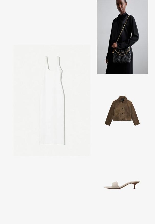 Braune Wildlederjacke mit einem Kragen, drei schwarzen Knöpfen, zwei Fronttaschen und einem kurz geschnittenen Design. Glatte Textur mit minimalen Steppnähten.; Weißes ärmelloses Kleid mit rundem Ausschnitt, taillierter Silhouette und knöchellangem Saum. Hergestellt aus glattem Stoff mit minimalistischem Design.; Fersenlose Sandale mit einem Obermaterial aus beigem gewebtem Stoff, offener Zehenpartie und geschwungenem Holzmittelsohle. Das Design zeichnet sich durch eine glatte Textur und eine minimalistische Form aus.; Schwarze gesteppte Ledertasche mit einem gerafften oberen Teil, goldfarbener Kettenriemen und rechteckiger Form, vor einem schlichten Hintergrund gehalten.