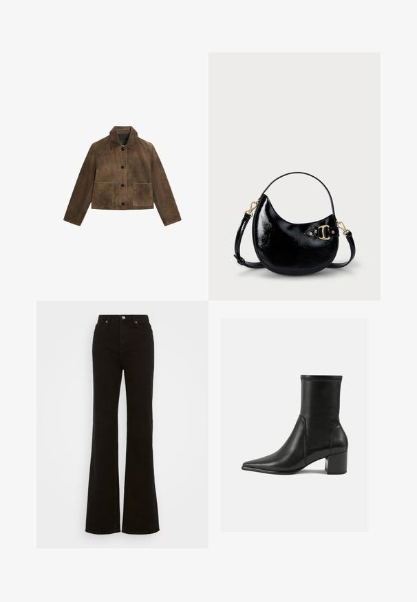 Hnědá semišová bunda s límcem, třemi černými knoflíky, dvěma předními kapsami a zkráceným střihem. Hladká textura s minimálními šicími detaily.; Beige svetřík s dlouhým rukávem a vysokým límcem vyrobený z měkké, texturované látky; má úzký střih a vysoký krk. Žádné viditelné vzory nebo kovové prvky.; Černé riflové džíny se zvýšeným pasem a rozšířenými nohavicemi, vyrobené z denimu, s knoflíkovým zapínáním, bočními kapsami a hladkým povrchem.; Černé kožené kotníkové boty s hladkým povrchem, špičatou špičkou, blokovým podpatkem a výrazným vyvýšeným šitím na horním okraji.; Černá lakovaná kabelka s zakřiveným tvarem, nastavitelným popruhem a zlatými detaily na boku. Hladký, lesklý povrch.