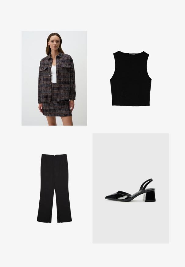 Gewebte Textiljacke und Rockset mit einem Muster in Marineblau, Orange und Creme, ausgestattet mit zwei Vorderaschen und Knopfverschlüssen.; Schwarzes ärmelloses Crop-Top aus glattem Stoff, mit rundem Ausschnitt und einem klaren, schlichten Design ohne Muster oder Beschläge.; Schwarze Hose mit geradem Schnitt, ausgestattet mit Fronttaschen und Seitenschlitzen am Saum. Hergestellt aus weichem, glattem Stoff. Geeignet für verschiedene Anlässe.; Schwarze Lackleder-Slingback-High Heels mit spitzem Schuh und einem geometrischen Blockabsatz. Verfügt über ein schlankes, minimalistisches Design und eine glatte Textur.
