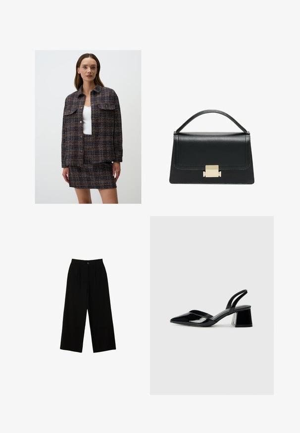 Woven textile jacket and skirt set featuring a navy, orange, and cream pattern, with two front pockets and button closures.; Two short-sleeve t-shirts, one white and one black, made of cotton. Both feature a round neckline and a simple, classic design.; Black wide-leg trousers made from a smooth material, featuring a high waist, front pleats, and a single top button closure.; Black patent leather slingback heels with a pointed toe and a geometric block heel. Features a sleek, minimal design and smooth texture.; Black leather handbag with a structured design, top handle, and a gold metal clasp detail on the front. Smooth texture, minimal stitching.