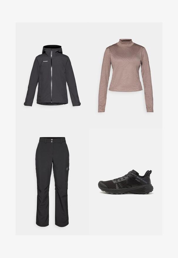 Black waterproof jacket with a hood, front zipper, and two side pockets. Features a smooth texture and adjustable cuffs. Brand logo on the chest.; Columbia GRANITE POINT™ - Long sleeved top - iron; Black outdoor pants with a straight cut, featuring a button closure, zippered side pockets, and a logo patch on the left thigh.; Black running shoe with a textured mesh upper, reinforced toe cap, and rubber outsole. Features lacing system and logo detailing on the side.