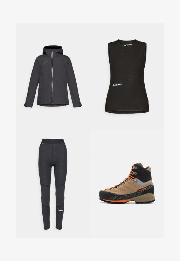 Črna vodoodporna jakna s kapuco, sprednjim zadrgo in dvema stranskima žepoma. Ima gladko teksturo in nastavljive manšete. Logotip blagovne znamke na prsih.; Črna brezrokavna majica z strukturiranim vzorcem, ki ima okrogel ovratnik in na sprednji strani logo "MAMMUT". Narejena je iz zračnega materiala.; Črne športne legice z teksturiranimi paneli in ojačanim šivom, ki imajo blagovno oznako in širok, elastičen pas.; Bež in črne visoke pohodne čevlje z oranžnimi vezalkami, gumijastim prednjim delom, teksturirano zgornjo površino in robustnim podplatom. Imajo ojačano podporo za gleženj.