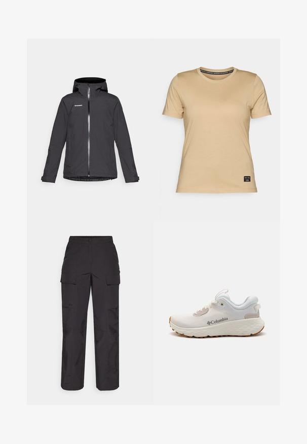 Juodas vandeniui atsparus džemperis su gobtuvu, priekiniais užtrauktukais ir dviem šoninėmis kišenėmis. Turi lygią tekstūrą ir reguliuojamus rankogalius. Prekės ženklas ant krūtinės.; Salewa EAGLE LOGO PATCH - Paprasti marškinėliai - quicksand; Juodos krovinių kelnės, pagamintos iš tvirto audinio, su keliais šoninėmis kišenėmis, mygtukų uždarymu ir laisvu siluetu su tiesiomis kojomis.; Lengvas Columbia sportinis batelis balto tinklinio audinio su tekstūruota pilka padanga ir guma sukibimui. Yra paminkštinta apykaklė ir raištelių dizainas.