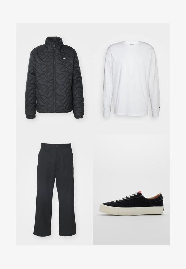 Melna quiltota jaka ar augstu apkakli, ar ģeometrisku rakstu un ar rāvējslēdzēju. Ietver nelielu logotipa detaļu uz krūšu.; Balta garām piedurknēm T-kreklā, kas izgatavots no kokvilnas. Arapa kakla dizains ar ribotām aprocēm un mazu logotipu uz kreisās piedurknes. Gluda tekstūra.; Melnas taisnas kājas bikses, izgatavotas no gludas tekstūras auduma, ar priekšu aizdari ar pogu un standarta kabatām.; Melnas auduma sporta apavi ar baltām šņorēm, bēša gumijas zole un sarkans akcents papēdī. Apaļa purngala forma un minimālistisks šuvju dizains.