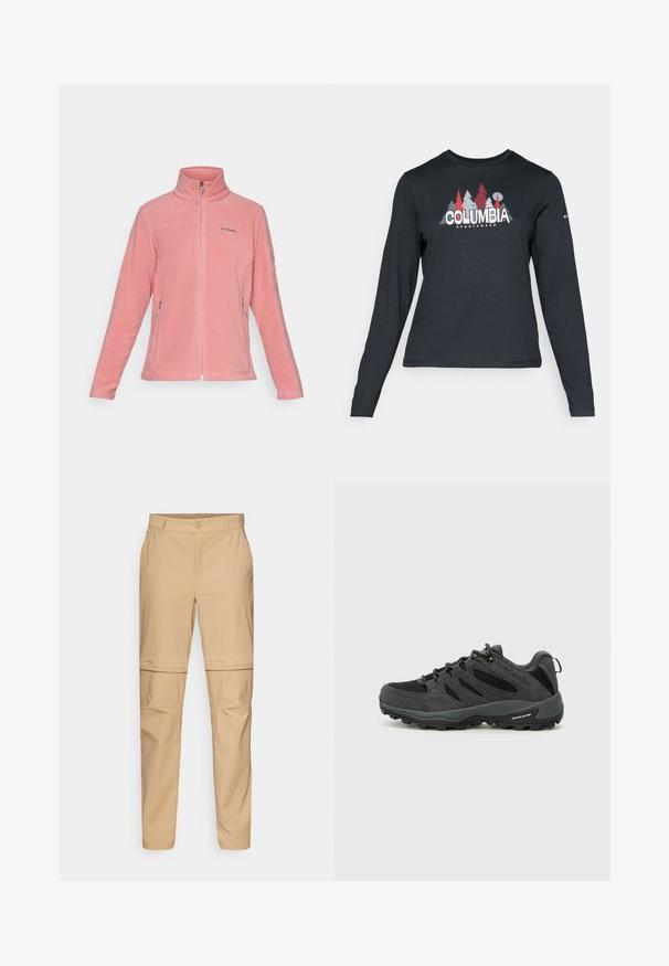 Columbia FAST TREK - Fleecetakki - pink agave; Tummanharmaa pitkähihaisen paidan graafinen kuva punaisista puista ja vuorista; "COLUMBIA" -logo lihavoituna valkoisella tekstillä. Pehmeä kangas, normaali pyöreä kaula-aukko.; Beige zip-off cargo-housut, joissa on tasainen etuosa, nappisuljenta ja kapenevat lahkeet. Valmistettu kevyestä kankaasta, jolla on sileä pinta.; Columbia REDMOND - Vaelluskengät - black/citron haze