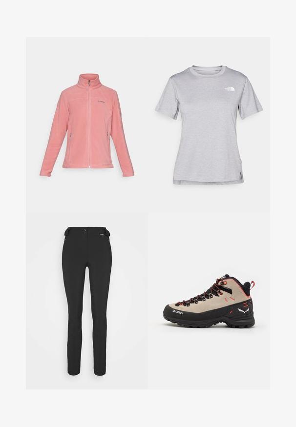 Columbia FAST TREK - Jakna iz flisa - pink agave; Siva kratka majica s kratkimi rokavi, izdelana iz mehkega, vlago odvračajočega materiala. Ima okroglo izrez in majhen bel logotip na zgornji levi strani.; Črne prileganje hlače, izdelane iz fleksibilnega materiala. Značilnosti vključujejo žep z zadrgo na strani, artikulirana kolena in gladko teksturo.; Moški planinski čevlji z zgornjim delom iz bež usnja, črnim gumijastim podplatom, rdečimi detajli in zapiranjem na vezalke za varen oprijem.