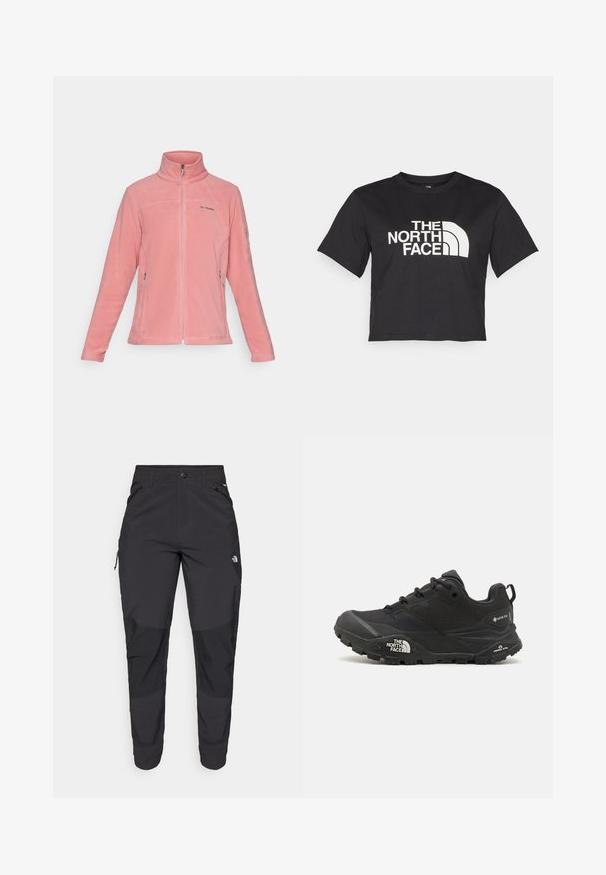 Columbia FAST TREK - Fliisjakk - pink agave; Must must kleidend t-särk, millel on valge logo ja kõverad aktsendid, esiküljel tekst "THE NORTH FACE". Lühikesed varrukad, ümar kaelus.; Must black välitingimustes püksid, mis on valmistatud vastupidavast kangast. Omavad lukugaTaskuid, tugevdatud põlvepaneele ja sirget lõiget liikuvuse tagamiseks.; Mustad matkajalanõud musta värvi, tekstuurse ülemise osa, paeltega kinnituse ja volüümika kummitald, millel on silmapaistev logo külgedel ja mustrimuster.