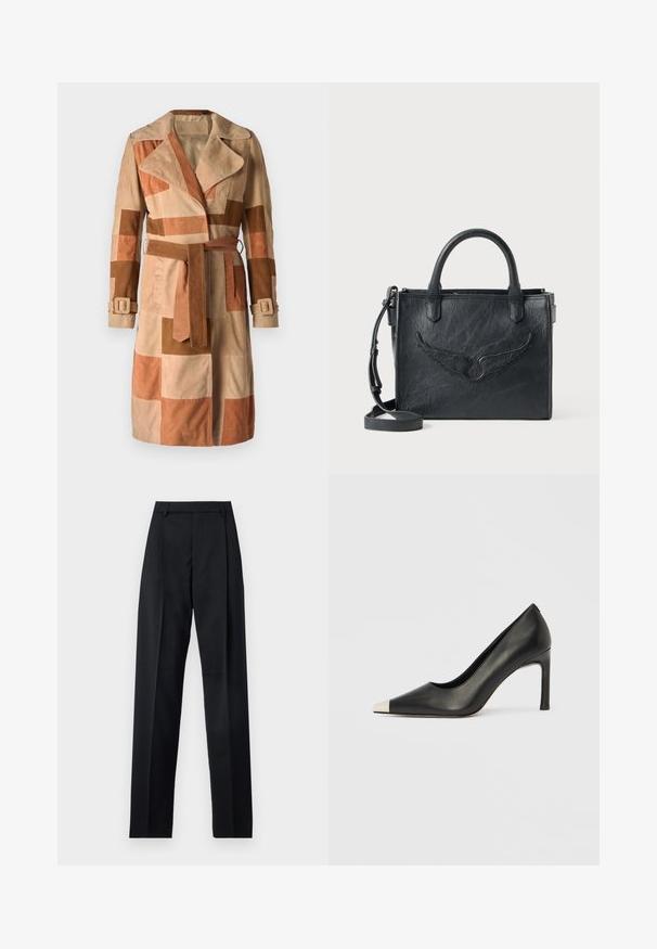 STUDIO ID Trenchcoat - brown; Svart långärmad polotröja med ribbade muddar och nederkant, visad mot en enkel vit bakgrund.; Svarta byxor i mjukt tyg med hög midja, vida ben, framfickor och klassiska bältesöglor. Inga sidofickor synliga.; Svart skinnsko med hög klack, spetsig tå och metallisk silverhätta. Har en slät yta och en smal klack på 10 cm.; Svart läderhandväska med vinge-design accent. Har två rundade handtag och en avtagbar axelrem. Texturerad yta. Kompakt form.