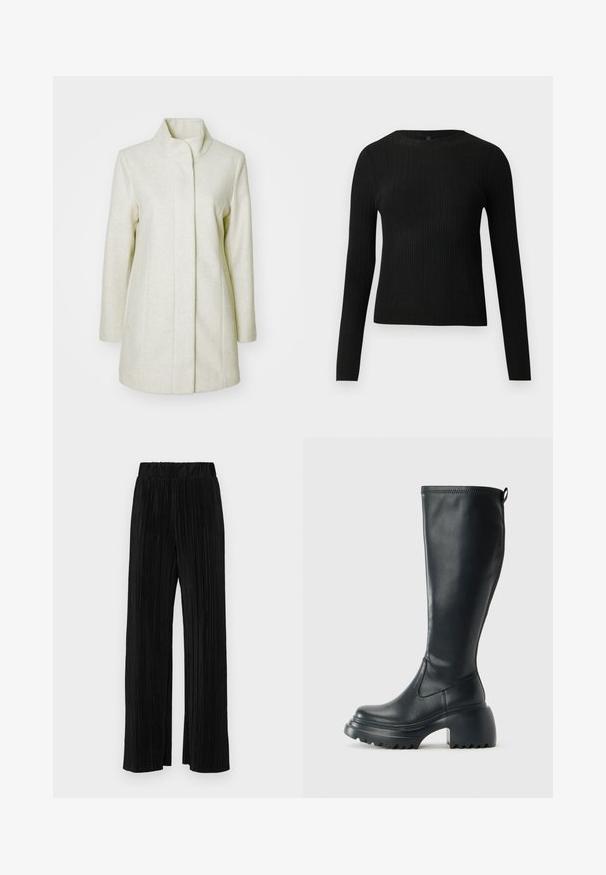 Abrigo de color beige claro hecho de un tejido suave, con cuello alto, corte recto y bolsillos laterales con detalles de costura mínimos.; Suéter negro de manga larga ajustado con estampado de canalé y cuello redondo, exhibido sobre un fondo claro y liso.; Pantalones negros de pliegues con una cintura elástica. Presentan piernas anchas y una tela suave y texturada con rayas verticales.; Bota alta de cuero negro con suela de plataforma gruesa y tacón cuadrado, que cuenta con una lengüeta y un relieve texturizado en la suela exterior.