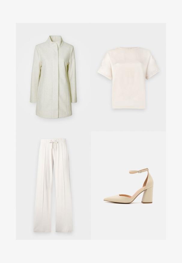 Šviesiai smėlinis paltas, pagamintas iš minkštos medžiagos, su aukštu apykakle, tiesia linija ir šoniniais kišenėmis su minimaliais siuvimo akcentais.; Trumpas rankovėmis apvaliu kaklu marškinėliai kreminės spalvos, pagaminti iš lygaus audinio, su laisvu siluetu ir minimaliais siuvimo akcentais ant rankovių.; Šviesiai smėlio spalvos sportinės kelnės, pagamintos iš minkštos medžiagos, su raišteliu juosmenyje, plačiomis ilgomis kojomis ir vertikaliomis siūlėmis, turinčios lygų paviršių.; Bežiniai lakuoti aukšti kulniukai su smailiu pirštu, kulkšnies dirželiu ir storu kulnu. Lygus paviršius su minimaliais siuvimo detalėmis.