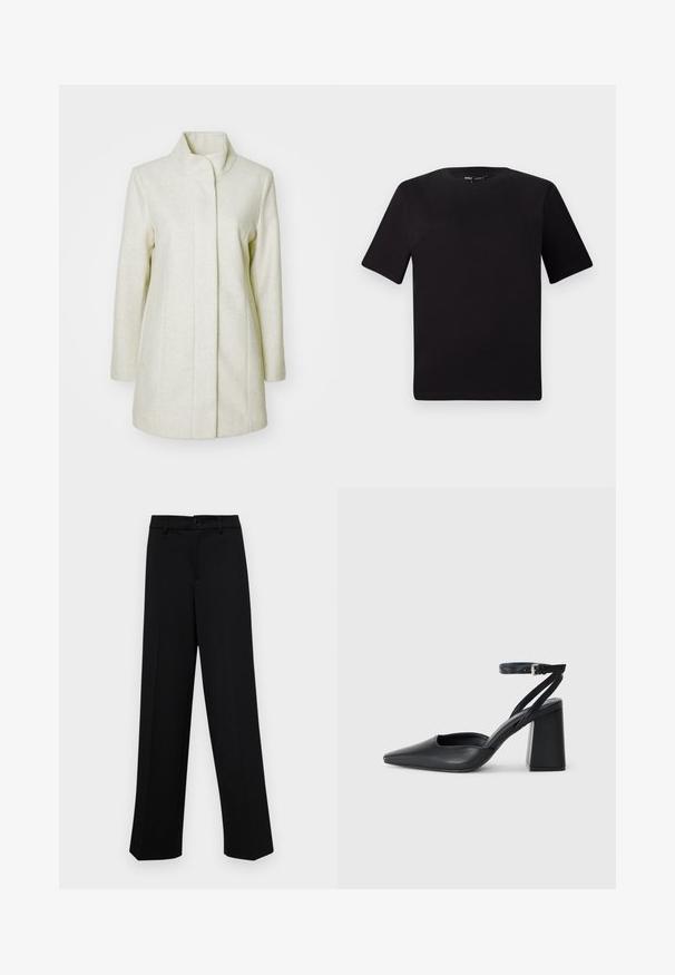 Light beige coat made of soft fabric, featuring a high collar, straight cut, and side pockets with minimal stitching details.; Black short-sleeve t-shirt with a round neckline, crafted from soft cotton fabric. Simple design, no visible logos or patterns.; Black wide-leg trousers made of smooth fabric, featuring a classic waistband with a button closure and front pleats.; Black leather pointy-toe pump with an ankle strap and a chunky heel. Flat texture, sleek design, and minimalistic aesthetics.