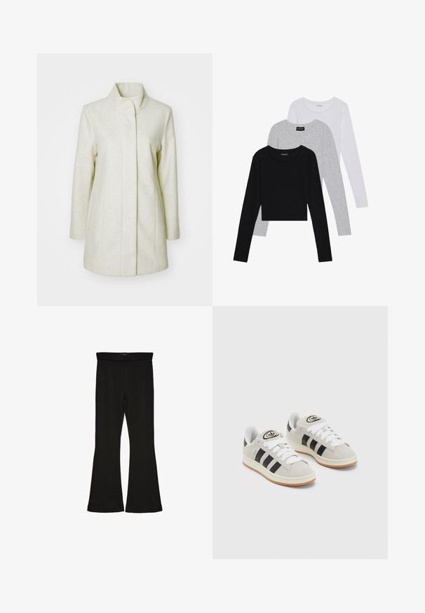 Lichtbeige jas gemaakt van zachte stof, met een hoge kraag, rechte snit en zijzakken met minimale stikseldetails.; Drie langmouwige tops gestapeld: zwart, grijs en wit. Elke top heeft een ronde halslijn en een cropped ontwerp van soepel, lichtgewicht materiaal.; Zwarte flare leggings gemaakt van rekbaar materiaal. Beschikt over een brede tailleband en een zachte textuur, met een getailleerd silhouet dat uitloopt bij de zoom.; Grijze nubucklederen sneakers met witte veters, zwarte strepen en een witte rubberen zool. Bevat een rond logo op de tong en een gumzool.