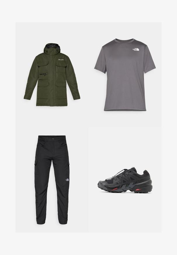Olivovo zelená zateplená bunda so zipsom vpredu, nastaviteľnou kapucňou a viacerými veľkými prednými vreckami. Obsahuje štruktúrovanú tkaninu a logo.; Sivý športový tričko s krátkym rukávom vyrobené z hladkej, ľahkej tkaniny. Na ľavej časti hrude má biele logo. Dizajn s okrúhlym výstrihom.; The North Face HORIZON PANT - Outdoorové nohavice - black; Čierne bežecké topánky so syntetickým zvrškom, textúrovaným dizajnom a kontrastnými červenými akcentmi. Obsahujú zabezpečený systém šnúrovania a robustnú podrážku.
