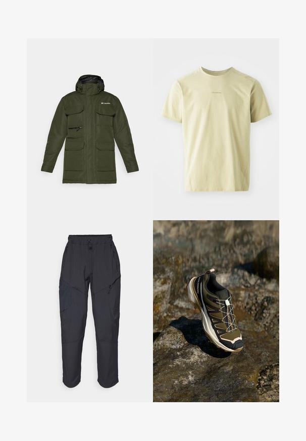 Olijfgroene geïsoleerde jas met een ritssluiting aan de voorkant, verstelbare capuchon en meerdere grote voorkruiden. Bevat een gestructureerde stof en logo.; Salomon TRACKLINE TEE - Sport T-shirt - gray green; Zwarte cargo pants gemaakt van een lichtgewicht, waterafstotend materiaal; voorzien van een elastische tailleband, meerdere met rits gesloten zakken en taps toelopende pijpen.; Wandelshoe in olijfgroen en zwart met roze accenten. Beschikt over een gestructureerd bovenwerk, flexibele zool, versterkte neuzen, en een kleurrijk vetersysteem.