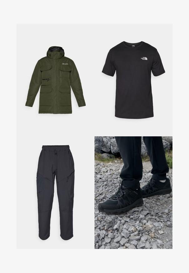 Maslinasto zelena izolirana jakna s prednjim zatvaračem, podesivom kapuljačom i više velikih prednjih džepova. Ima teksturiranu tkaninu i logo.; Crna majica kratkih rukava od pamuka, s okruglim izrezom i malim bijelim logotipom na gornjem lijevom dijelu prsnog koša.; Crne cargo hlače izrađene od laganog, vodootpornog materijala; imaju elastičnu utakmicu u struku, više munje na džepovima i sužene nogavice.; Crne vanjske cipele s mrežastim i sintetičkim materijalom, s teksturiranim gornjim dijelom, osiguranim sustavom vezanja i čvrstim potplatom, na stjenovitom terenu.
