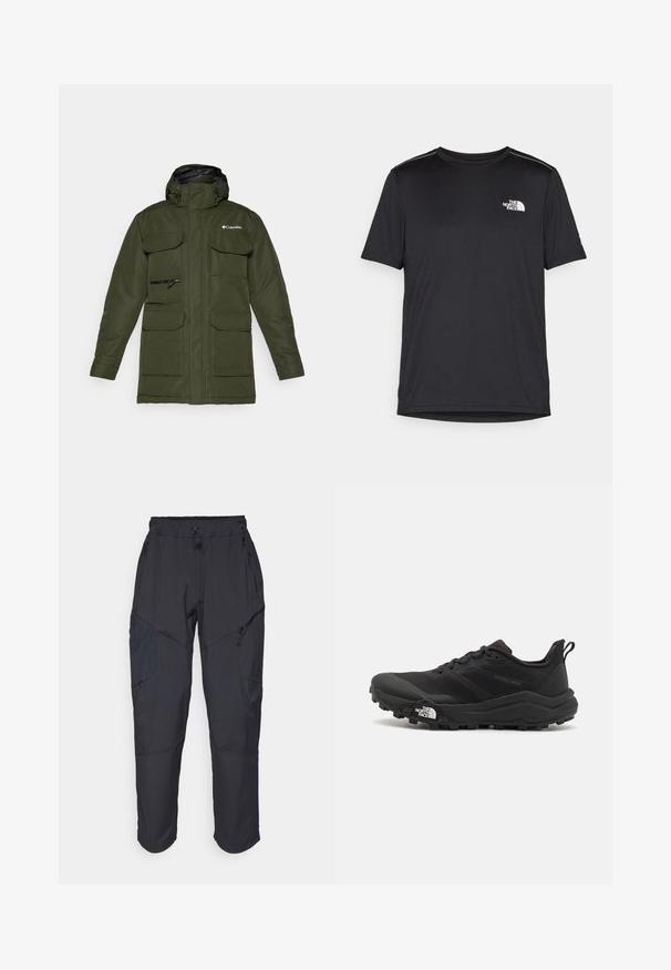 Alkhao žalias izoluotas švarkas su užtrauktuku priekyje, reguliuojama kapuce ir keliais dideliais priekiniais kišenėmis. Savybės: tekstūruota medžiaga ir logotipas.; Juodas trumpas rankovės marškinėliai, pagaminti iš lengvos medžiagos. Yra mažas baltas logotipas kairiajame krūtinės pusėje ir subtilūs pečių akcentai.; Juodos krovinių kelnės, pagamintos iš lengvos, vandeniui atsparios medžiagos; turi elastingą juosmenį, kelis užtrauktukais uždaromus kišenes ir siaurėjančius šonus.; Juoda bėgimo batai su tekstūruotu paviršiumi, guma padais ir sustiprinta pirštų dalimi. Yra paminkštinta apykaklė ir kilpos, leidžiančios lengvai užsidėti.