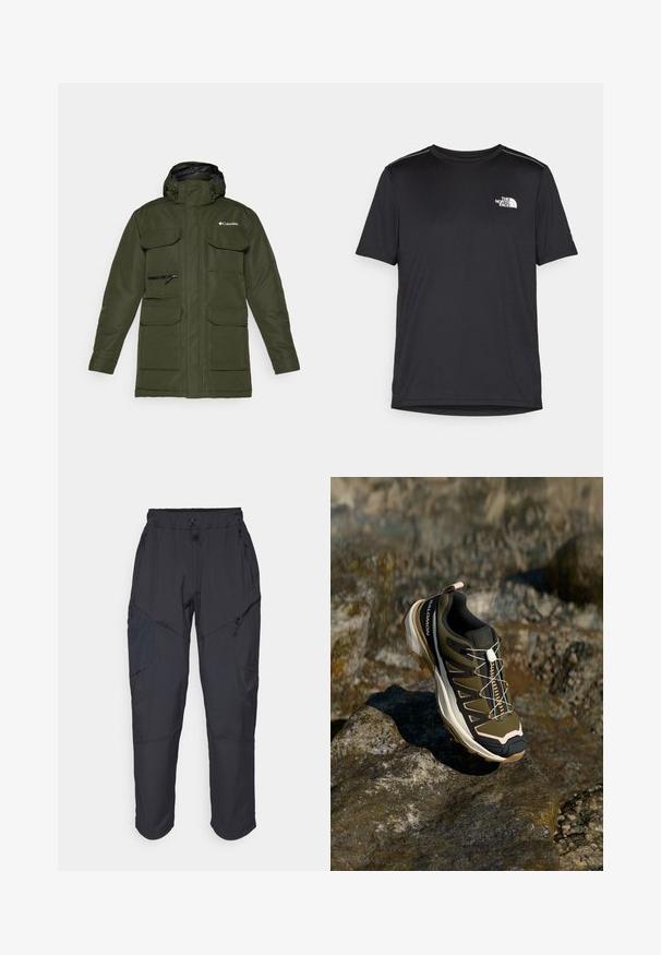 Olive green insulated jacket with a zippered front, adjustable hood, and multiple large front pockets. Features a textured fabric and logo.; Black short-sleeve T-shirt made from lightweight fabric. Features a small white logo on the left chest and subtle shoulder accents.; Black cargo pants made from a lightweight, water-resistant material; features elastic waistband, multiple zippered pockets, and tapered legs.; Hiking shoe in olive green and black with pink accents. Features a textured upper, flexible sole, reinforced toe cap, and colorful lacing system.