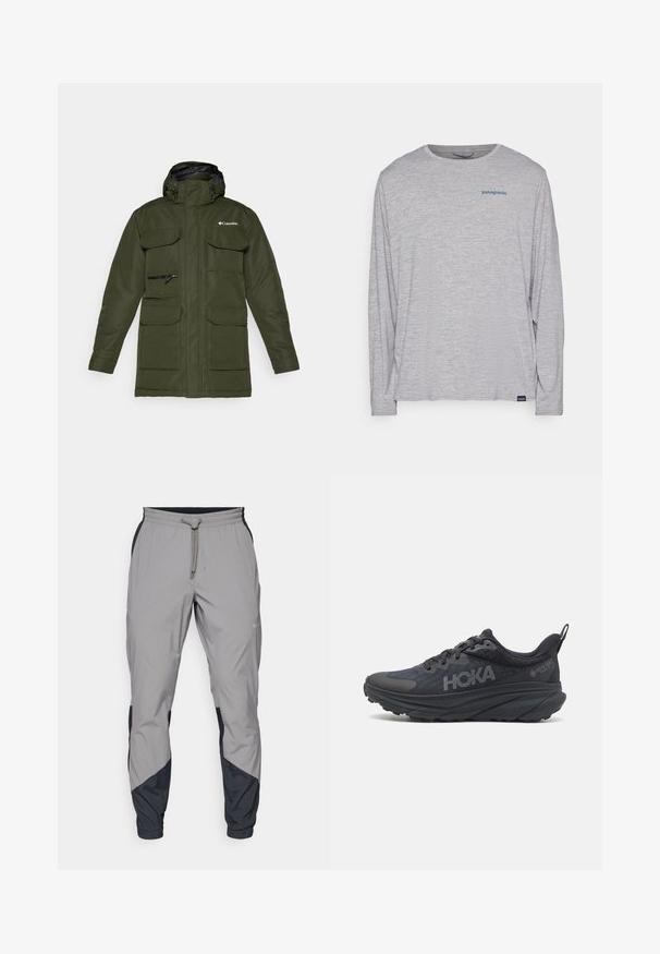 Olivnozeleni izolirani plašč z zadrgo spredaj, nastavljivo kapuco in večimi velikimi sprednjimi žepi. Ima teksturirano tkanino in logo.; Svetlo siva majica dugih rukava od mekog, teksturiranog materijala. Ima okrugli izrez i mali plavi Patagonia logo na grudima.; Lahki, sivi atletski hlače z črnimi dodatki. Elastika v pasu, zategovalna vrvica, oblikovana noga in stranske žepe.; Črne tekaške čevlje Hoka z mrežasto zgornjim delom, teksturiranimi podrobnostmi in debelim, oblazinjenim podplatom s koničastimi robovi za izboljšano podporo.