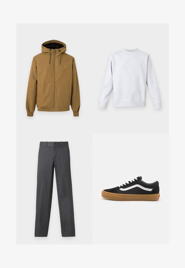 Braune Kapuzenjacke mit Reißverschluss auf der Vorderseite, elastischen Bündchen und Saum. Zwei seitliche Taschen, Logo auf der Brust, glatte Stoffoberfläche.; Helles graues Sweatshirt aus weichem Stoff, mit Rundhalsausschnitt, langen Ärmeln sowie gerippten Bündchen und Saum. Minimalistisches Design ohne Muster.; Grau farbene Hosen aus glattem Stoff, mit geradem Bein, Knopfverschluss und Gürtelschlaufen; minimale Nähte und ohne Muster.; Schwarze Wildledersneaker mit einem weißen Seitenstreifen, weißen Schnürsenkeln und Gummi-Sohle. Klassisches Low-Top-Design mit strukturierten Akzenten und runder Zehenpartie.