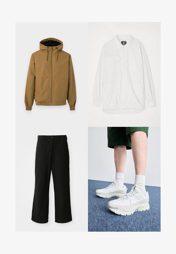 Pruun kapuutsiga jope, lukuga ees, elastsete mansettide ja äärtega. Kaks küljetaskut, logo rinnal, sile kangas.; Valge nööbiga särk, mis on valmistatud tekstuursed materjalist, millel on krae, kaks esist taskut ja kaarjas serv, mille tagaosa on veidi pikem.; Mustad laiad mustad püksid pehmest kangast, ees taskud ja nupukinnitus taljes. Minimalistlik disain ilma nähtavate mustriteta.; Valged sportsijalatsid tekstuursete pealsete, kopsaka tallaga ja hallide aktsentidega. Kanda valgete lühikeste sokkidega ja roheliste lühikeste pükstega sinisel pinnal.