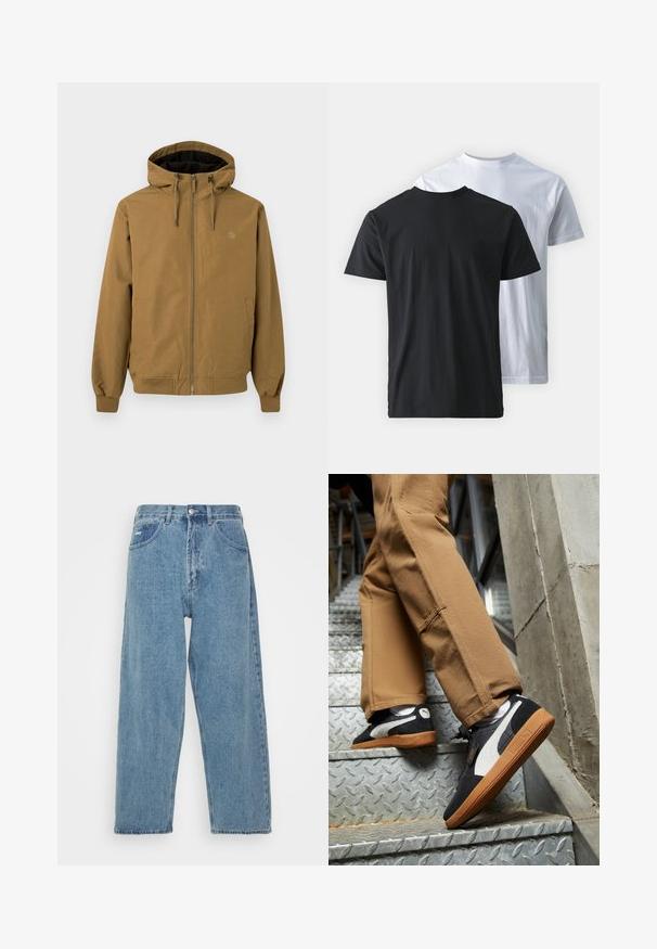 Braune Kapuzenjacke mit Reißverschluss auf der Vorderseite, elastischen Bündchen und Saum. Zwei seitliche Taschen, Logo auf der Brust, glatte Stoffoberfläche.; Zwei Baumwoll-T-Shirts, Rücken an Rücken gezeigt: eines schwarz und eines weiß. Beide haben kurze Ärmel und Rundhalsausschnitte und verfügen über eine glatte Textur.; Hellblaue Denim-Jeans mit hoher Taille und lockerer Passform, ausgestattet mit zwei vorderen Taschen, einer hinteren Aufsatztasche und einem Knopfverschluss.; Schwarze und graue Wildledersneaker mit weißen Akzenten und Gummisohlen, getragen zu beigen Hosen während des Aufstiegs auf metallene Treppen.