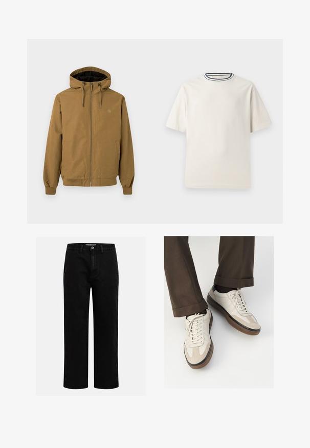 Giacca marrone con cappuccio, zip frontale, polsini e orlo elasticizzati. Due tasche laterali, logo sul petto, finitura in tessuto liscia.; T-shirt in cotone color crema con maniche corte, caratterizzato da un collo rotondo decorato da righe blu navy e bianche. Tessuto liscio, vestibilità comoda.; Pantaloni in denim nero con taglio dritto, design classico a cinque tasche e chiusura con bottone in vita. Tessuto liscio e materiale resistente.; Sneakers beige con una parte anteriore in suede testurizzato, lati in pelle liscia e una suola in gomma marrone. Inclusi lacci e dettagli di cucitura leggera.