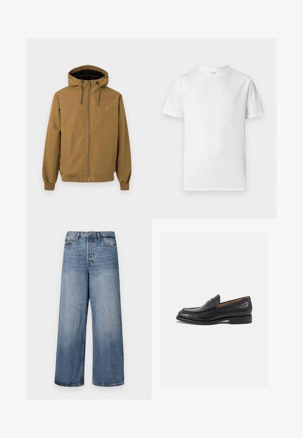 Brown hooded jacket, zippered front, elastic cuffs, and hem. Two side pockets, logo on chest, smooth fabric finish.; White short-sleeve t-shirt made of soft cotton. Features a round neckline and a straight hem with minimal detailing.; Wide-leg blue denim jeans with a faded wash, five-pocket design, and a button closure. Equipped with belt loops and stitched detailing.; Black leather loafers with a smooth finish, rounded toe, and decorative stitching on the vamp. Low stacked heel and slight shine.